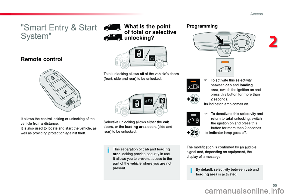 TOYOTA PROACE 2020 Owners Manual (in English) 55
"Smart Entry & Start
System"
It allows the central locking or unlocking of the vehicle from a distance.It is also used to locate and start the vehicle, as well as providing protection agai TOYOTA PROACE 2020 Owners Manual (in English) 55
"Smart Entry & Start
System"
It allows the central locking or unlocking of the vehicle from a distance.It is also used to locate and start the vehicle, as well as providing protection agai