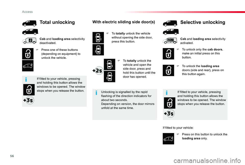 TOYOTA PROACE 2020   (in English) Workshop Manual 56
With electric sliding side door(s)
F To  totally unlock the vehicle without opening the side door, press this button.
F To  totally unlock the vehicle and open the side door, press and hold this bu