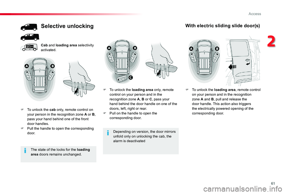 TOYOTA PROACE 2020 (in English) Repair Manual 61
Depending on version, the door mirrors
unfold only on unlocking the cab, the alarm is deactivated
Cab and loading area selectivity activated.
Selective unlocking
F To unlock the cab only, remote c TOYOTA PROACE 2020 (in English) Repair Manual 61
Depending on version, the door mirrors
unfold only on unlocking the cab, the alarm is deactivated
Cab and loading area selectivity activated.
Selective unlocking
F To unlock the cab only, remote c