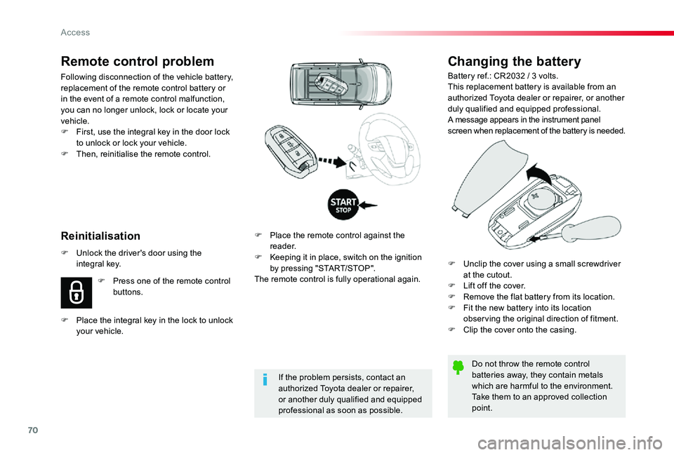 TOYOTA PROACE 2020  Owners Manual (in English) 70
Changing the battery
Battery ref.: CR2032 / 3 volts.This replacement battery is available from an authorized Toyota dealer or repairer, or another duly qualified and equipped professional.A message