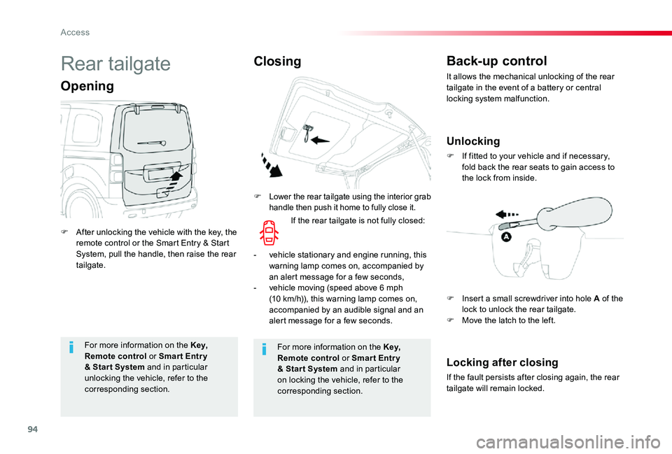 TOYOTA PROACE 2020 (in English) Owners Guide 94
For more information on the Key, Remote control or Smar t Entr y & Star t System and in particular unlocking the vehicle, refer to the
corresponding section.
For more information on the Key, Remot TOYOTA PROACE 2020 (in English) Owners Guide 94
For more information on the Key, Remote control or Smar t Entr y & Star t System and in particular unlocking the vehicle, refer to the
corresponding section.
For more information on the Key, Remot
