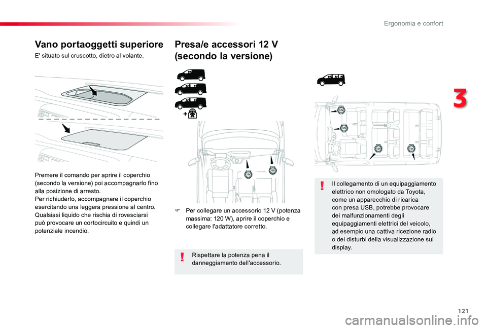 TOYOTA PROACE 2020 Manuale duso (in Italian) 121
Proace_it_Chap03_ergonomie-et-confort_ed01-2019
Vano portaoggetti superiore
E' situato sul cruscotto, dietro al volante.
Premere il comando per aprire il coperchio (secondo la versione) poi ac TOYOTA PROACE 2020 Manuale duso (in Italian) 121
Proace_it_Chap03_ergonomie-et-confort_ed01-2019
Vano portaoggetti superiore
E' situato sul cruscotto, dietro al volante.
Premere il comando per aprire il coperchio (secondo la versione) poi ac