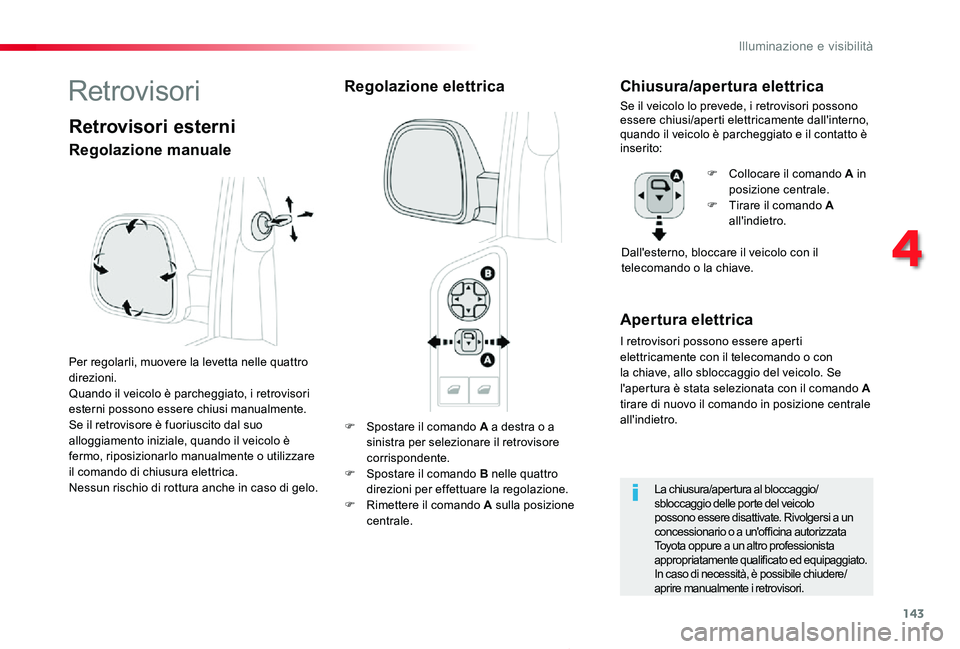 TOYOTA PROACE 2020 Manuale duso (in Italian) 143
Proace_it_Chap04_eclairage-et-visibilite_ed01-2019
F Spostare il comando A a destra o a sinistra per selezionare il retrovisore corrispondente.F Spostare il comando B nelle quattro direzioni per e TOYOTA PROACE 2020 Manuale duso (in Italian) 143
Proace_it_Chap04_eclairage-et-visibilite_ed01-2019
F Spostare il comando A a destra o a sinistra per selezionare il retrovisore corrispondente.F Spostare il comando B nelle quattro direzioni per e