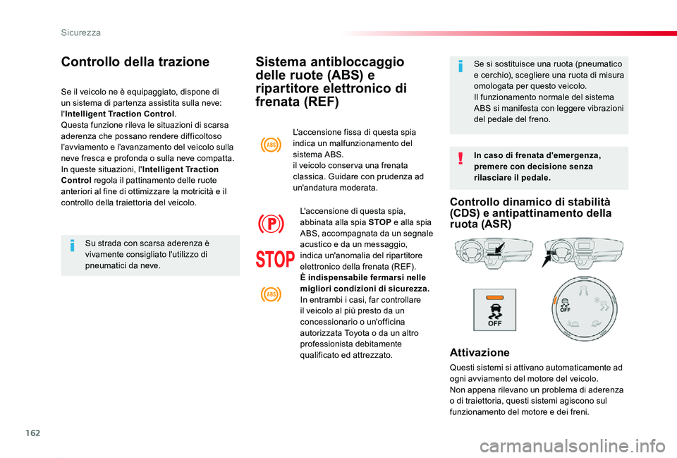 TOYOTA PROACE 2020 Manuale duso (in Italian) 162
Proace_it_Chap05_securite_ed01-2019
Sistema antibloccaggio
delle ruote (ABS) e
ripartitore elettronico di
frenata (REF)
In caso di frenata d'emergenza, premere con decisione senza rilasciar TOYOTA PROACE 2020 Manuale duso (in Italian) 162
Proace_it_Chap05_securite_ed01-2019
Sistema antibloccaggio
delle ruote (ABS) e
ripartitore elettronico di
frenata (REF)
In caso di frenata d'emergenza, premere con decisione senza rilasciar