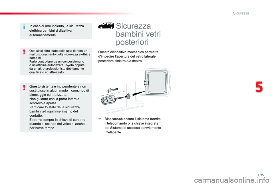 TOYOTA PROACE 2020 Manuale duso (in Italian) 195
Proace_it_Chap05_securite_ed01-2019
Sicurezza
bambini vetri
posteriori
Questo dispositivo meccanico permette d'impedire l’apertura del vetro laterale posteriore sinistro e/o destro.
F Bloc TOYOTA PROACE 2020 Manuale duso (in Italian) 195
Proace_it_Chap05_securite_ed01-2019
Sicurezza
bambini vetri
posteriori
Questo dispositivo meccanico permette d'impedire l’apertura del vetro laterale posteriore sinistro e/o destro.
F Bloc
