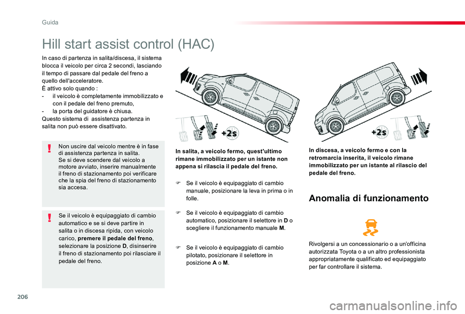 TOYOTA PROACE 2020 Manuale duso (in Italian) 206
Proace_it_Chap06_conduite_ed01-2019
Hill start assist control (HAC)
In caso di partenza in salita/discesa, il sistema blocca il veicolo per circa 2 secondi, lasciando il tempo di passare dal pedal TOYOTA PROACE 2020 Manuale duso (in Italian) 206
Proace_it_Chap06_conduite_ed01-2019
Hill start assist control (HAC)
In caso di partenza in salita/discesa, il sistema blocca il veicolo per circa 2 secondi, lasciando il tempo di passare dal pedal
