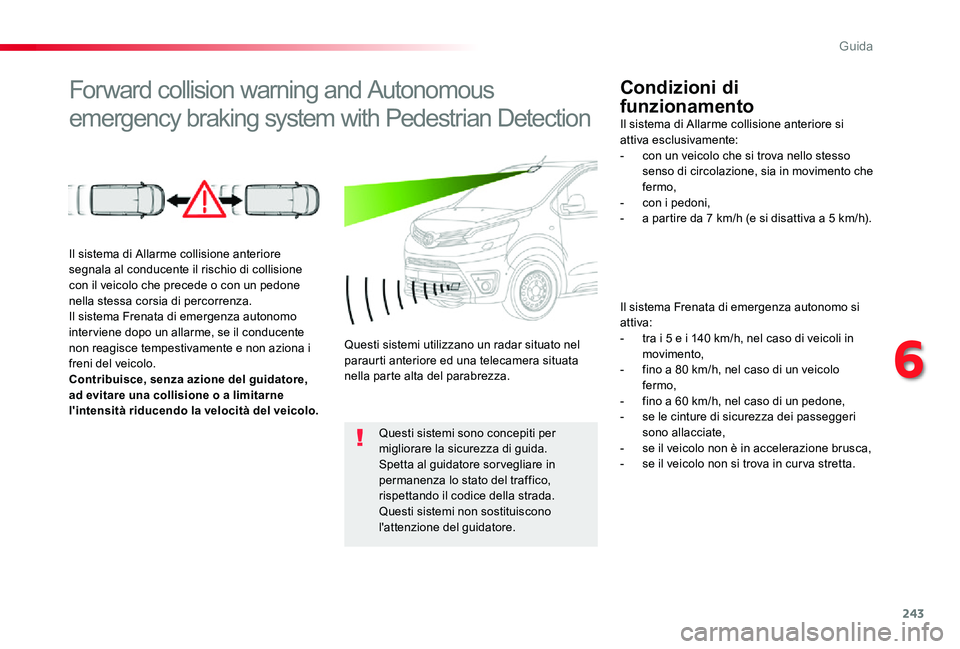 TOYOTA PROACE 2020 Manuale duso (in Italian) 243
Proace_it_Chap06_conduite_ed01-2019
Forward collision warning and Autonomous
emergency braking system with Pedestrian Detection
Condizioni di
funzionamento
Il sistema Frenata di emergenza auton TOYOTA PROACE 2020 Manuale duso (in Italian) 243
Proace_it_Chap06_conduite_ed01-2019
Forward collision warning and Autonomous
emergency braking system with Pedestrian Detection
Condizioni di
funzionamento
Il sistema Frenata di emergenza auton