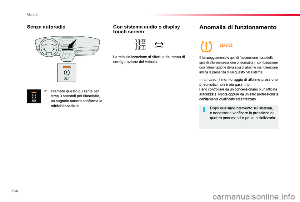 TOYOTA PROACE 2020 Manuale duso (in Italian) 264
Proace_it_Chap06_conduite_ed01-2019
Anomalia di funzionamento
Il lampeggiamento e quindi l’accensione fissa della spia di allarme pressione pneumatici in combinazione con l’illuminazione della TOYOTA PROACE 2020 Manuale duso (in Italian) 264
Proace_it_Chap06_conduite_ed01-2019
Anomalia di funzionamento
Il lampeggiamento e quindi l’accensione fissa della spia di allarme pressione pneumatici in combinazione con l’illuminazione della