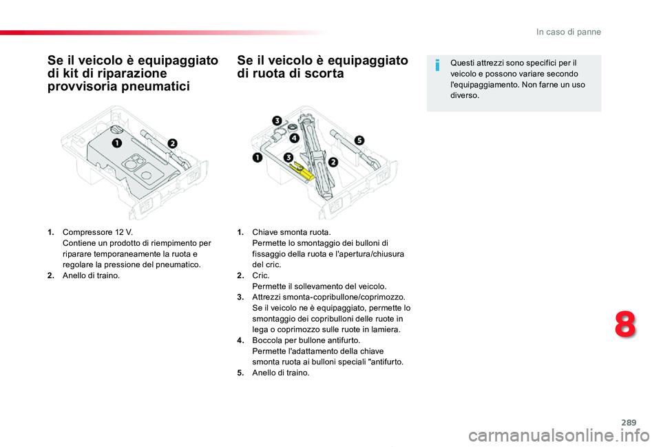 TOYOTA PROACE 2020 Manuale duso (in Italian) 289
Proace_it_Chap08_En-cas-de-panne_ed01-2019
Se il veicolo è equipaggiato
di kit di riparazione
provvisoria pneumatici
1. Compressore 12 V. Contiene un prodotto di riempimento per riparare tempo TOYOTA PROACE 2020 Manuale duso (in Italian) 289
Proace_it_Chap08_En-cas-de-panne_ed01-2019
Se il veicolo è equipaggiato
di kit di riparazione
provvisoria pneumatici
1. Compressore 12 V. Contiene un prodotto di riempimento per riparare tempo