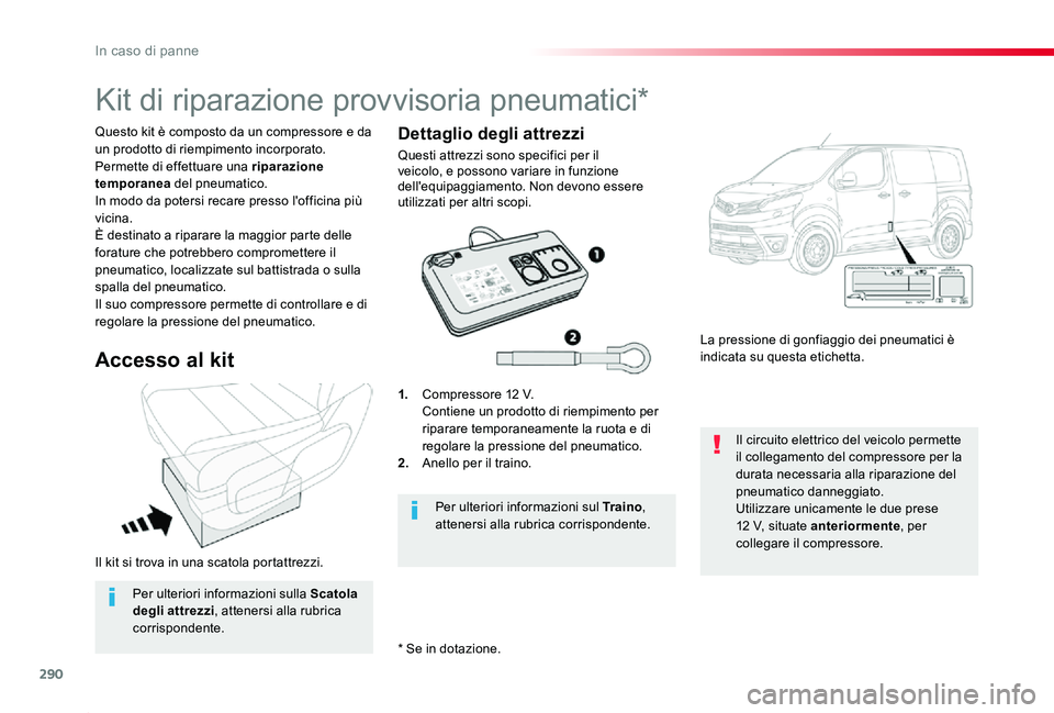 TOYOTA PROACE 2020 Manuale duso (in Italian) 290
Proace_it_Chap08_En-cas-de-panne_ed01-2019
Il kit si trova in una scatola portattrezzi.
Questo kit è composto da un compressore e da un prodotto di riempimento incorporato.Permette di effettuare TOYOTA PROACE 2020 Manuale duso (in Italian) 290
Proace_it_Chap08_En-cas-de-panne_ed01-2019
Il kit si trova in una scatola portattrezzi.
Questo kit è composto da un compressore e da un prodotto di riempimento incorporato.Permette di effettuare