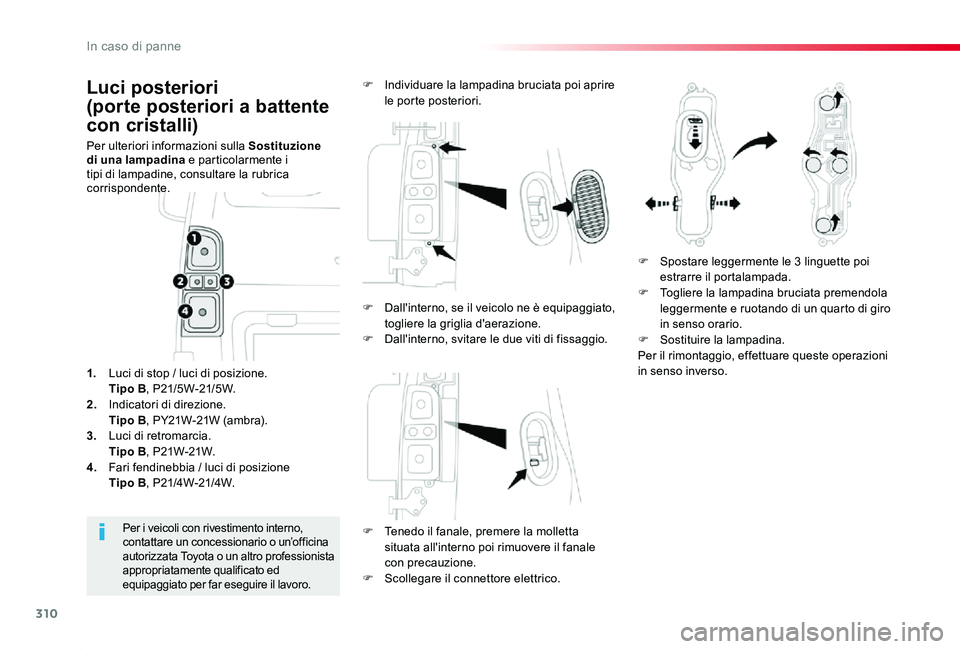 TOYOTA PROACE 2020 Manuale duso (in Italian) 310
Proace_it_Chap08_En-cas-de-panne_ed01-2019
Luci posteriori
(porte posteriori a battente
con cristalli)
Per ulteriori informazioni sulla Sostituzione di una lampadina e particolarmente i tipi di TOYOTA PROACE 2020 Manuale duso (in Italian) 310
Proace_it_Chap08_En-cas-de-panne_ed01-2019
Luci posteriori
(porte posteriori a battente
con cristalli)
Per ulteriori informazioni sulla Sostituzione di una lampadina e particolarmente i tipi di