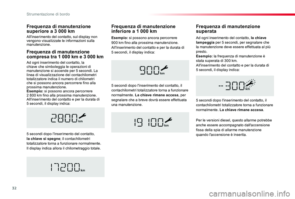 TOYOTA PROACE 2020 Manuale duso (in Italian) 32
Proace_it_Chap01_instruments-de-bord_ed01-2019
Frequenza di manutenzione compresa tra 1 000 km e 3 000 km
Ad ogni inserimento del contatto, la chiave che simboleggia le operazioni di manutenzione s TOYOTA PROACE 2020 Manuale duso (in Italian) 32
Proace_it_Chap01_instruments-de-bord_ed01-2019
Frequenza di manutenzione compresa tra 1 000 km e 3 000 km
Ad ogni inserimento del contatto, la chiave che simboleggia le operazioni di manutenzione s