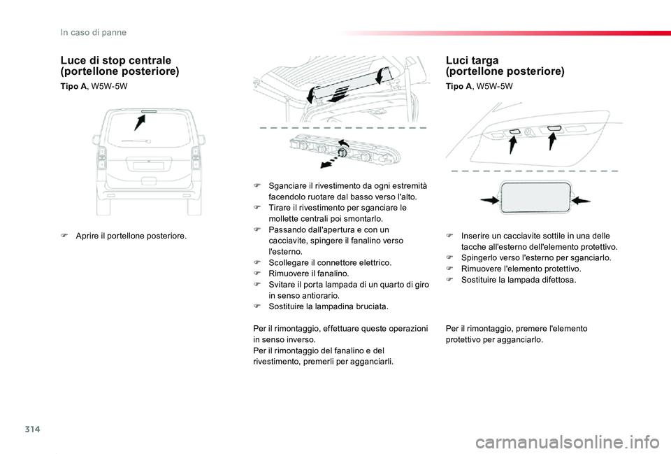 TOYOTA PROACE 2020 Manuale duso (in Italian) 314
Proace_it_Chap08_En-cas-de-panne_ed01-2019
Per il rimontaggio, premere l'elemento protettivo per agganciarlo.
F Sganciare il rivestimento da ogni estremità facendolo ruotare dal basso verso l TOYOTA PROACE 2020 Manuale duso (in Italian) 314
Proace_it_Chap08_En-cas-de-panne_ed01-2019
Per il rimontaggio, premere l'elemento protettivo per agganciarlo.
F Sganciare il rivestimento da ogni estremità facendolo ruotare dal basso verso l