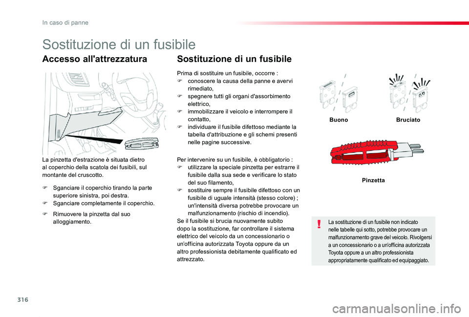 TOYOTA PROACE 2020 Manuale duso (in Italian) 316
Proace_it_Chap08_En-cas-de-panne_ed01-2019
F Sganciare il coperchio tirando la parte superiore sinistra, poi destra.F Sganciare completamente il coperchio.
BuonoBruciato
Pinzetta
Accesso all'a TOYOTA PROACE 2020 Manuale duso (in Italian) 316
Proace_it_Chap08_En-cas-de-panne_ed01-2019
F Sganciare il coperchio tirando la parte superiore sinistra, poi destra.F Sganciare completamente il coperchio.
BuonoBruciato
Pinzetta
Accesso all'a