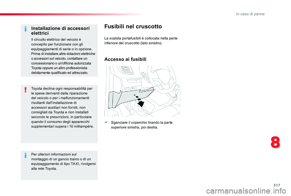 TOYOTA PROACE 2020 Manuale duso (in Italian) 317
Proace_it_Chap08_En-cas-de-panne_ed01-2019
Toyota declina ogni responsabilità per le spese derivanti dalla riparazione del veicolo o per i malfunzionamenti risultanti dall'installazione di ac TOYOTA PROACE 2020 Manuale duso (in Italian) 317
Proace_it_Chap08_En-cas-de-panne_ed01-2019
Toyota declina ogni responsabilità per le spese derivanti dalla riparazione del veicolo o per i malfunzionamenti risultanti dall'installazione di ac