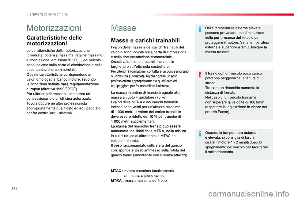 TOYOTA PROACE 2020 Manuale duso (in Italian) 332
Proace_it_Chap09_caracteristiques-techniques_ed01-2019
Motorizzazioni
Caratteristiche delle
motorizzazioni
Le caratteristiche della motorizzazione (cilindrata, potenza massima, regime massimo, al TOYOTA PROACE 2020 Manuale duso (in Italian) 332
Proace_it_Chap09_caracteristiques-techniques_ed01-2019
Motorizzazioni
Caratteristiche delle
motorizzazioni
Le caratteristiche della motorizzazione (cilindrata, potenza massima, regime massimo, al