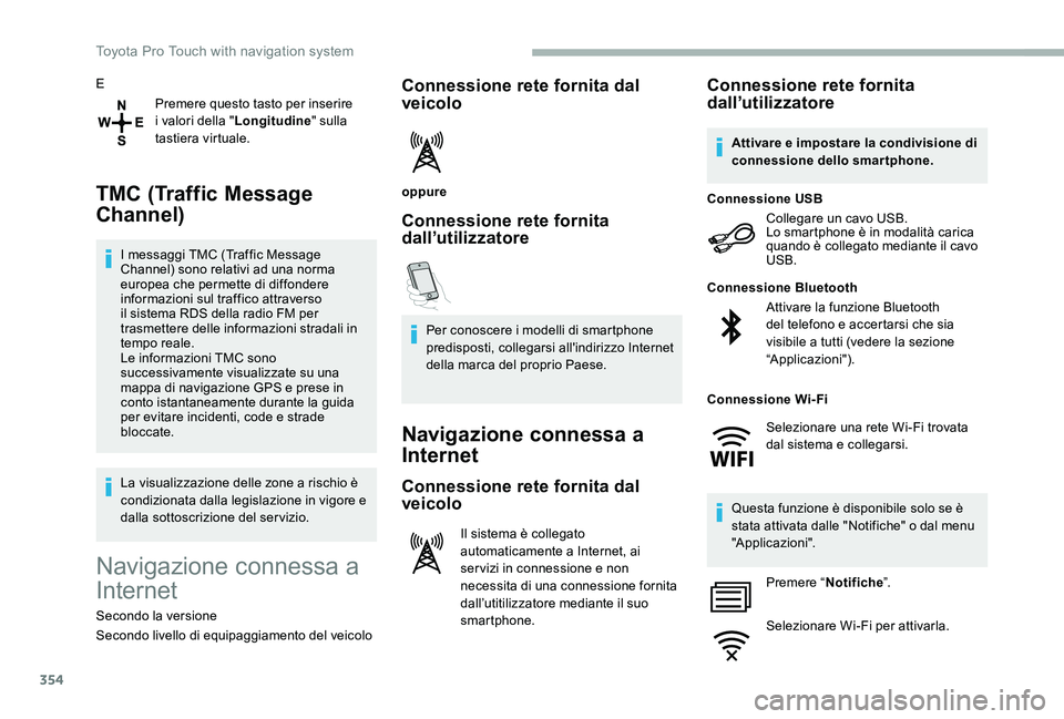 TOYOTA PROACE 2020 Manuale duso (in Italian) 354
E
Premere questo tasto per inserire i valori della "Longitudine" sulla tastiera virtuale.
TMC (Traffic Message
Channel)
I messaggi TMC (Traffic Message Channel) sono relativi ad una norma TOYOTA PROACE 2020 Manuale duso (in Italian) 354
E
Premere questo tasto per inserire i valori della "Longitudine" sulla tastiera virtuale.
TMC (Traffic Message
Channel)
I messaggi TMC (Traffic Message Channel) sono relativi ad una norma