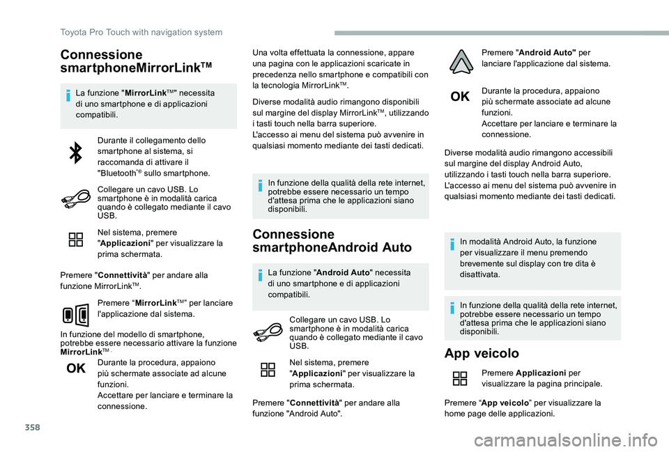 TOYOTA PROACE 2020 Manuale duso (in Italian) 358
Connessione
smartphoneMirrorLinkTM
La funzione "MirrorLinkTM" necessita di uno smartphone e di applicazioni compatibili.
Nel sistema, premere "Applicazioni" per visualizzare la pr TOYOTA PROACE 2020 Manuale duso (in Italian) 358
Connessione
smartphoneMirrorLinkTM
La funzione "MirrorLinkTM" necessita di uno smartphone e di applicazioni compatibili.
Nel sistema, premere "Applicazioni" per visualizzare la pr