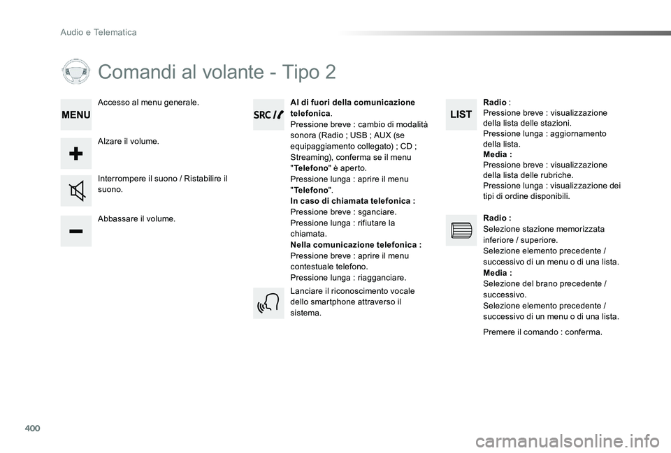 TOYOTA PROACE 2020 Manuale duso (in Italian) 400
Proace_it_Chap10d_RD6_ed01-2019
Comandi al volante - Tipo 2
Abbassare il volume.
Interrompere il suono / Ristabilire il suono.
Al di fuori della comunicazione telefonica.Pressione breve : cambio d TOYOTA PROACE 2020 Manuale duso (in Italian) 400
Proace_it_Chap10d_RD6_ed01-2019
Comandi al volante - Tipo 2
Abbassare il volume.
Interrompere il suono / Ristabilire il suono.
Al di fuori della comunicazione telefonica.Pressione breve : cambio d