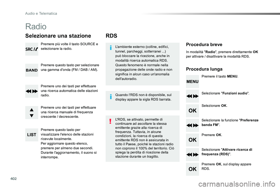TOYOTA PROACE 2020 Manuale duso (in Italian) 402
Proace_it_Chap10d_RD6_ed01-2019
RDS
Procedura breve
Procedura lunga
L'ambiente esterno (colline, edifici, tunnel, parcheggi, sotterranei ...) può bloccare la ricezione, anche in modalità ri TOYOTA PROACE 2020 Manuale duso (in Italian) 402
Proace_it_Chap10d_RD6_ed01-2019
RDS
Procedura breve
Procedura lunga
L'ambiente esterno (colline, edifici, tunnel, parcheggi, sotterranei ...) può bloccare la ricezione, anche in modalità ri