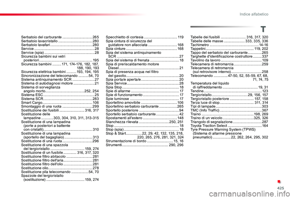 TOYOTA PROACE 2020 Manuale duso (in Italian) 425
Proace_it_Chap11_index-alpha_ed01-2019
T
Serbatoio del carburante ..............................265Serbatoio lavacristallo ..................................280Serbatoio lavafari ................. TOYOTA PROACE 2020 Manuale duso (in Italian) 425
Proace_it_Chap11_index-alpha_ed01-2019
T
Serbatoio del carburante ..............................265Serbatoio lavacristallo ..................................280Serbatoio lavafari .................