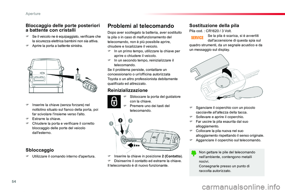 TOYOTA PROACE 2020 Manuale duso (in Italian) 54
Proace_it_Chap02_ouvertures_ed01-2019
Sostituzione della pila
Non gettare le pile del telecomando nell'ambiente, contengono metalli nocivi.Consegnarle presso un punto di raccolta autorizzato.
S TOYOTA PROACE 2020 Manuale duso (in Italian) 54
Proace_it_Chap02_ouvertures_ed01-2019
Sostituzione della pila
Non gettare le pile del telecomando nell'ambiente, contengono metalli nocivi.Consegnarle presso un punto di raccolta autorizzato.
S
