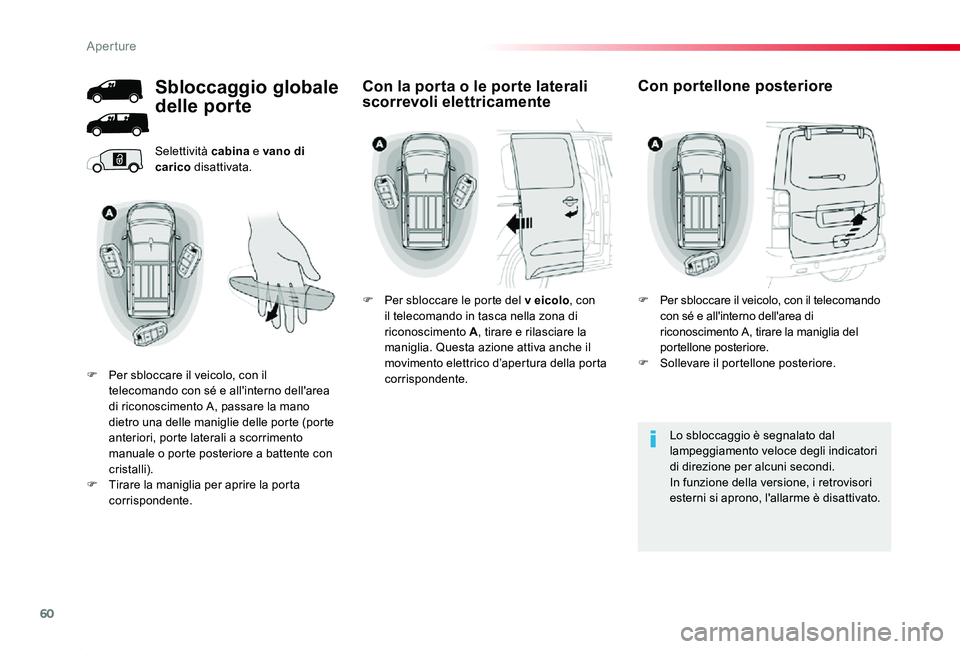 TOYOTA PROACE 2020 Manuale duso (in Italian) 60
Proace_it_Chap02_ouvertures_ed01-2019
Selettività cabina e vano di carico disattivata.
Lo sbloccaggio è segnalato dal lampeggiamento veloce degli indicatori di direzione per alcuni secondi.In fun TOYOTA PROACE 2020 Manuale duso (in Italian) 60
Proace_it_Chap02_ouvertures_ed01-2019
Selettività cabina e vano di carico disattivata.
Lo sbloccaggio è segnalato dal lampeggiamento veloce degli indicatori di direzione per alcuni secondi.In fun