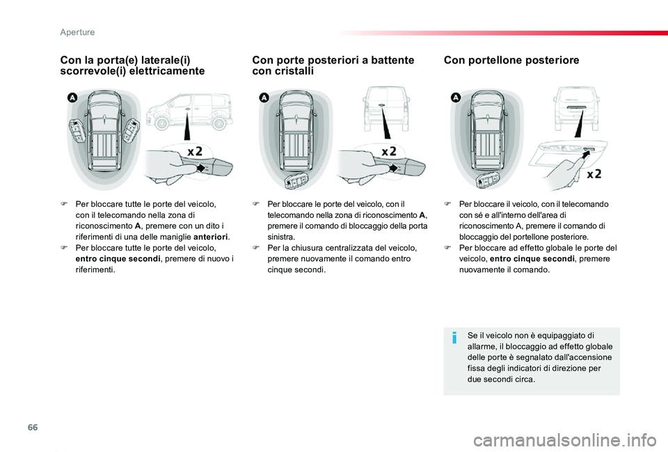 TOYOTA PROACE 2020 Manuale duso (in Italian) 66
Proace_it_Chap02_ouvertures_ed01-2019
F Per bloccare tutte le porte del veicolo, con il telecomando nella zona di riconoscimento A, premere con un dito i riferimenti di una delle maniglie anteriori TOYOTA PROACE 2020 Manuale duso (in Italian) 66
Proace_it_Chap02_ouvertures_ed01-2019
F Per bloccare tutte le porte del veicolo, con il telecomando nella zona di riconoscimento A, premere con un dito i riferimenti di una delle maniglie anteriori