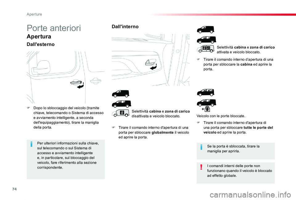 TOYOTA PROACE 2020 Manuale duso (in Italian) 74
Proace_it_Chap02_ouvertures_ed01-2019
Porte anteriori
Apertura
Dall'esterno
F Tirare il comando interno d'apertura di una porta per sbloccare globalmente il veicolo ed aprire la porta.
F Ti TOYOTA PROACE 2020 Manuale duso (in Italian) 74
Proace_it_Chap02_ouvertures_ed01-2019
Porte anteriori
Apertura
Dall'esterno
F Tirare il comando interno d'apertura di una porta per sbloccare globalmente il veicolo ed aprire la porta.
F Ti