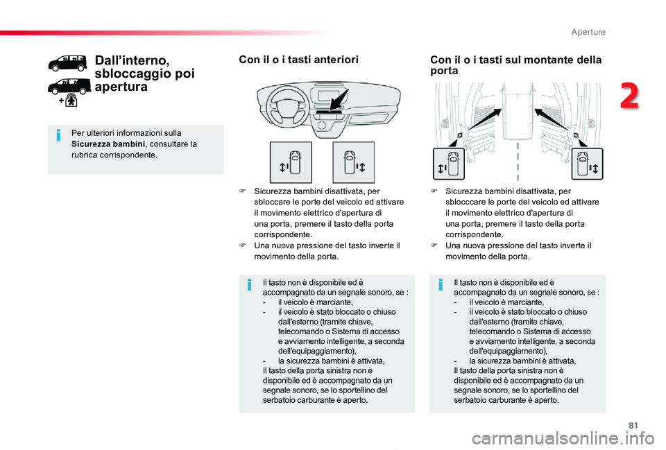 TOYOTA PROACE 2020 Manuale duso (in Italian) 81
Proace_it_Chap02_ouvertures_ed01-2019
F Sicurezza bambini disattivata, per sbloccare le porte del veicolo ed attivare il movimento elettrico d'apertura di una porta, premere il tasto della port TOYOTA PROACE 2020 Manuale duso (in Italian) 81
Proace_it_Chap02_ouvertures_ed01-2019
F Sicurezza bambini disattivata, per sbloccare le porte del veicolo ed attivare il movimento elettrico d'apertura di una porta, premere il tasto della port