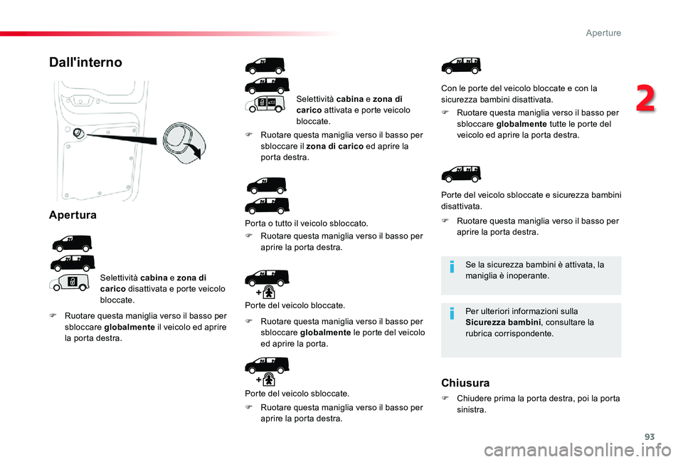 TOYOTA PROACE 2020 Manuale duso (in Italian) 93
Proace_it_Chap02_ouvertures_ed01-2019
Se la sicurezza bambini è attivata, la maniglia è inoperante.
Per ulteriori informazioni sulla Sicurezza bambini, consultare la rubrica corrispondente.
Dall& TOYOTA PROACE 2020 Manuale duso (in Italian) 93
Proace_it_Chap02_ouvertures_ed01-2019
Se la sicurezza bambini è attivata, la maniglia è inoperante.
Per ulteriori informazioni sulla Sicurezza bambini, consultare la rubrica corrispondente.
Dall&
