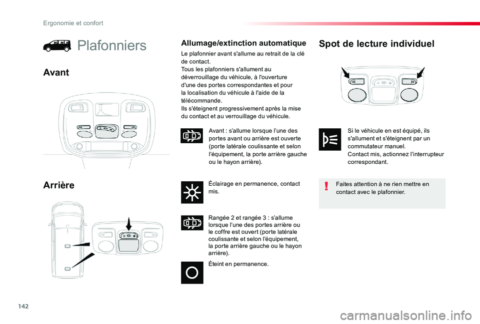 TOYOTA PROACE 2020 Notices Demploi (in French) 142
Spot de lecture individuel
Arrière
PlafonniersAllumage/extinction automatique
Le plafonnier avant s'allume au retrait de la clé de contact.Tous les plafonniers s'allument au déverrouill TOYOTA PROACE 2020 Notices Demploi (in French) 142
Spot de lecture individuel
Arrière
PlafonniersAllumage/extinction automatique
Le plafonnier avant s'allume au retrait de la clé de contact.Tous les plafonniers s'allument au déverrouill