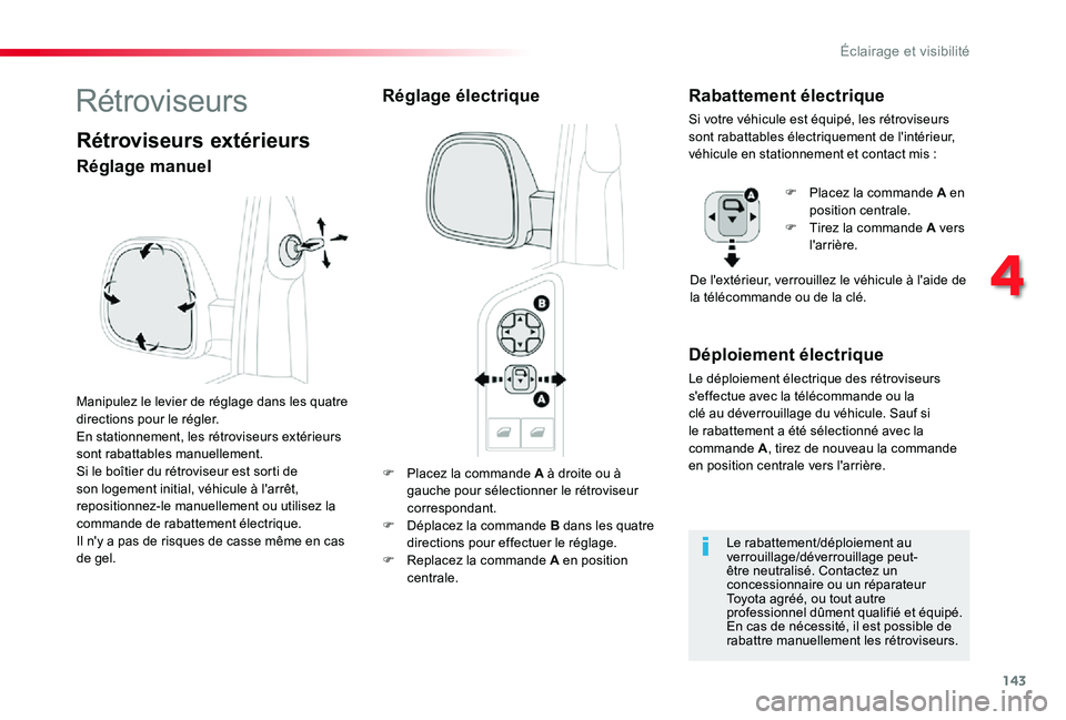 TOYOTA PROACE 2020 Notices Demploi (in French) 143
F Placez la commande A à droite ou à gauche pour sélectionner le rétroviseur correspondant.F Déplacez la commande B dans les quatre directions pour effectuer le réglage.F Replacez la command TOYOTA PROACE 2020 Notices Demploi (in French) 143
F Placez la commande A à droite ou à gauche pour sélectionner le rétroviseur correspondant.F Déplacez la commande B dans les quatre directions pour effectuer le réglage.F Replacez la command