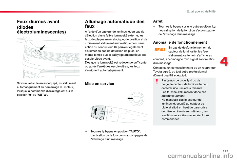 TOYOTA PROACE 2020 Notices Demploi (in French) 149
Feux diurnes avant
(diodes
électroluminescentes)
Si votre véhicule en est équipé, ils s'allument automatiquement au démarrage du moteur, lorsque la commande d'éclairage est sur la p TOYOTA PROACE 2020 Notices Demploi (in French) 149
Feux diurnes avant
(diodes
électroluminescentes)
Si votre véhicule en est équipé, ils s'allument automatiquement au démarrage du moteur, lorsque la commande d'éclairage est sur la p