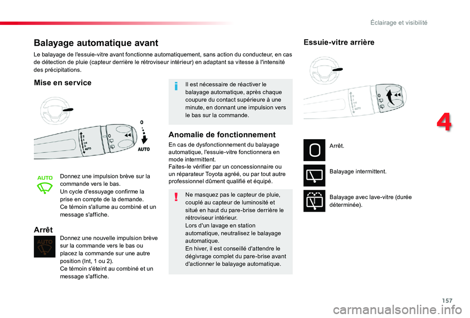 TOYOTA PROACE 2020 Notices Demploi (in French) 157
Balayage automatique avant
Mise en service
Donnez une impulsion brève sur la commande vers le bas.Un cycle d'essuyage confirme la prise en compte de la demande.Ce témoin s'allume au comb TOYOTA PROACE 2020 Notices Demploi (in French) 157
Balayage automatique avant
Mise en service
Donnez une impulsion brève sur la commande vers le bas.Un cycle d'essuyage confirme la prise en compte de la demande.Ce témoin s'allume au comb