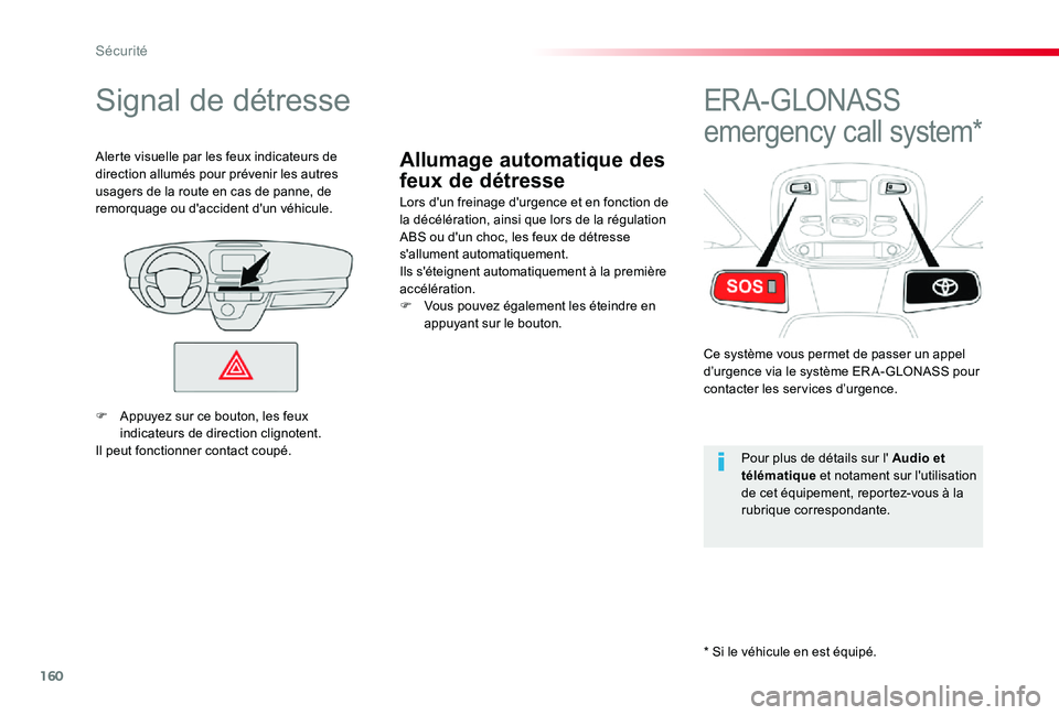 TOYOTA PROACE 2020  Notices Demploi (in French) 160
Allumage automatique des 
feux de détresse
Signal de détresse
Lors d'un freinage d'urgence et en fonction de la décélération, ainsi que lors de la régulation ABS ou d'un choc, le