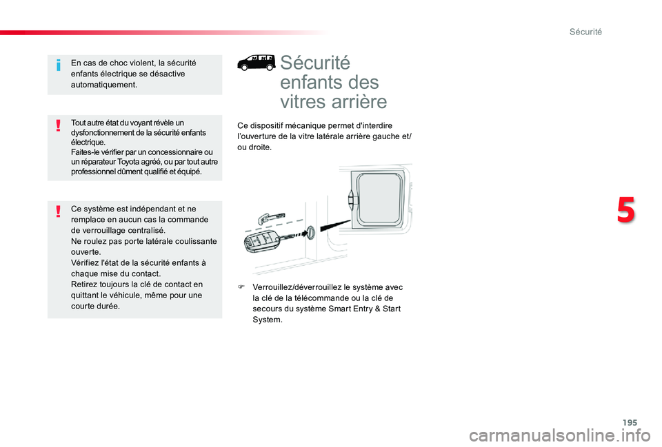 TOYOTA PROACE 2020  Notices Demploi (in French) 195
Sécurité 
enfants des 
vitres arrière
Ce dispositif mécanique permet d'interdire l’ouverture de la vitre latérale arrière gauche et /ou droite.
F Verrouillez/déverrouillez le système