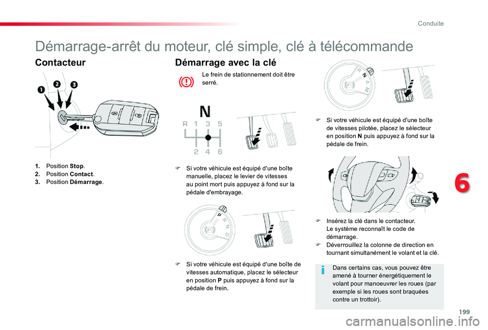 TOYOTA PROACE 2020  Notices Demploi (in French) 199
Démarrage-arrêt du moteur, clé simple, clé à télécommande
Contacteur
1. Position Stop.2. Position Contact.3. Position Démarrage.
Démarrage avec la clé
Le frein de stationnement doit êtr