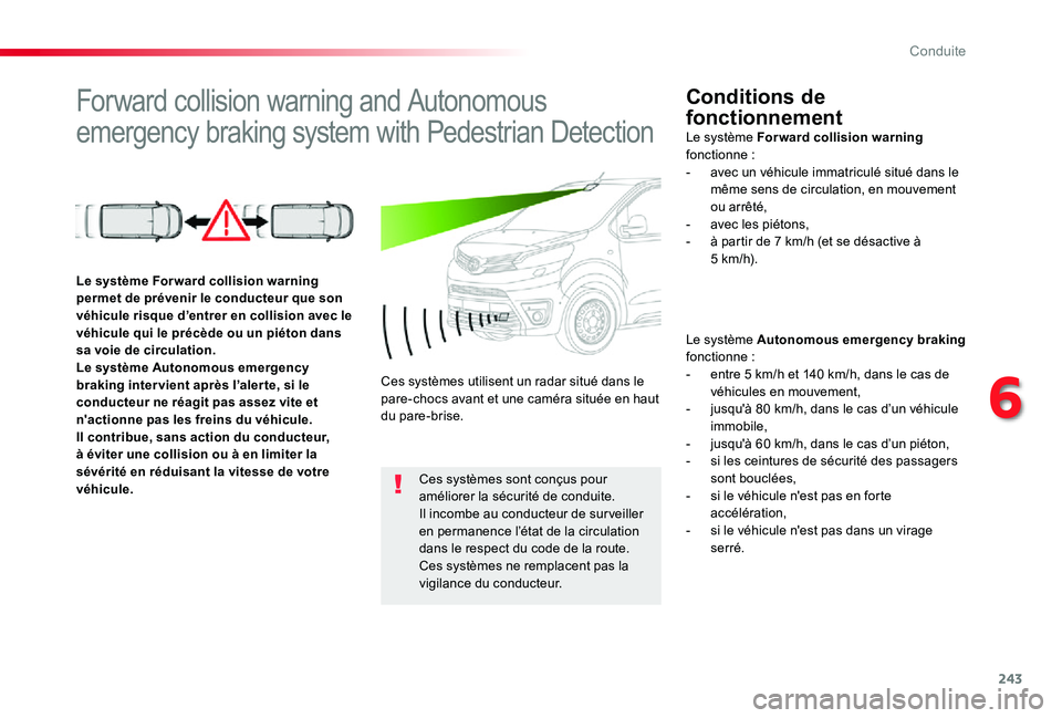 TOYOTA PROACE 2020 Notices Demploi (in French) 243
Forward collision warning and Autonomous
emergency braking system with Pedestrian Detection
Conditions de
fonctionnement
Le système Autonomous emergency braking fonctionne :- entre 5 km/h et 14 TOYOTA PROACE 2020 Notices Demploi (in French) 243
Forward collision warning and Autonomous
emergency braking system with Pedestrian Detection
Conditions de
fonctionnement
Le système Autonomous emergency braking fonctionne :- entre 5 km/h et 14