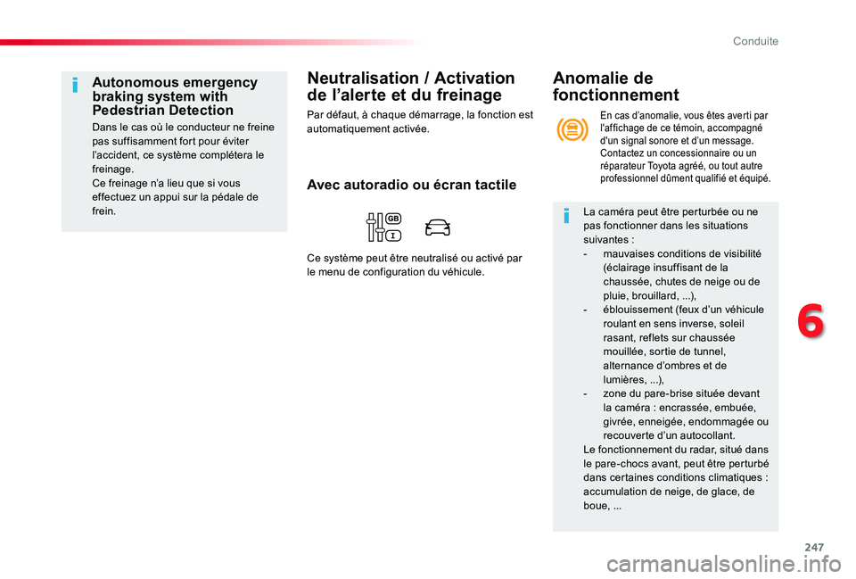 TOYOTA PROACE 2020 Notices Demploi (in French) 247
Neutralisation / Activation
de l’alerte et du freinage
Par défaut, à chaque démarrage, la fonction est automatiquement activée.
Autonomous emergency braking system with Pedestrian Detection TOYOTA PROACE 2020 Notices Demploi (in French) 247
Neutralisation / Activation
de l’alerte et du freinage
Par défaut, à chaque démarrage, la fonction est automatiquement activée.
Autonomous emergency braking system with Pedestrian Detection