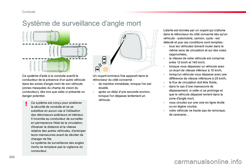 TOYOTA PROACE 2020  Notices Demploi (in French) 252
Système de surveillance d’angle mort
Un voyant lumineux fixe apparaît dans le rétroviseur du côté concerné :- de manière immédiate, lorsque l'on est doublé,- après un délai d'