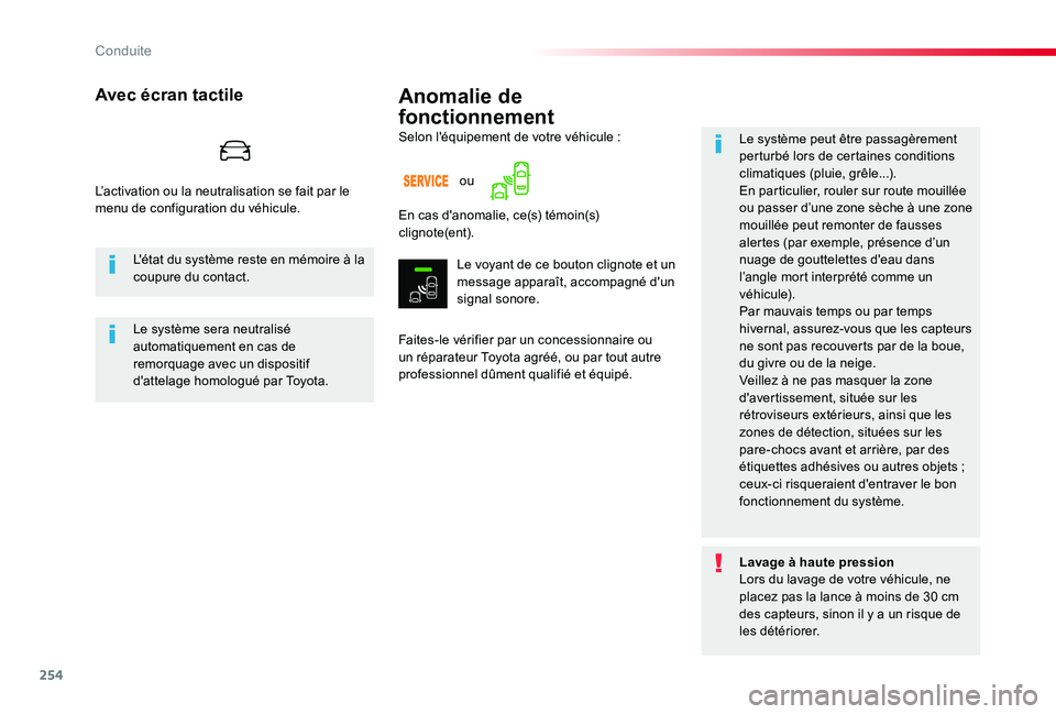 TOYOTA PROACE 2020  Notices Demploi (in French) 254
Anomalie de 
fonctionnement
Faites-le vérifier par un concessionnaire ou un réparateur Toyota agréé, ou par tout autre professionnel dûment qualifié et équipé.
Le système peut être passa