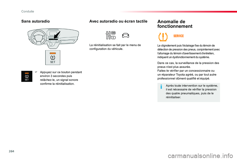 TOYOTA PROACE 2020 Notices Demploi (in French) 264
Anomalie de
fonctionnement
Le clignotement puis l’éclairage fixe du témoin de détection de pression des pneus, conjointement avec l’allumage du témoin d’avertissement d’entretien, ind TOYOTA PROACE 2020 Notices Demploi (in French) 264
Anomalie de
fonctionnement
Le clignotement puis l’éclairage fixe du témoin de détection de pression des pneus, conjointement avec l’allumage du témoin d’avertissement d’entretien, ind