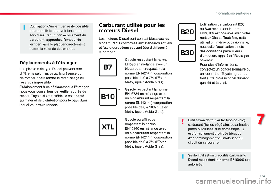 TOYOTA PROACE 2020 Notices Demploi (in French) 267
Carburant utilisé pour les
moteurs Diesel
Les moteurs Diesel sont compatibles avec les biocarburants conformes aux standards actuels et futurs européens pouvant être distribués à la pompe :
TOYOTA PROACE 2020 Notices Demploi (in French) 267
Carburant utilisé pour les
moteurs Diesel
Les moteurs Diesel sont compatibles avec les biocarburants conformes aux standards actuels et futurs européens pouvant être distribués à la pompe :