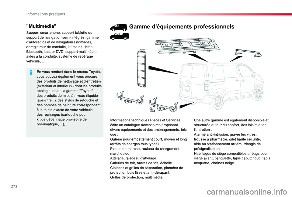 TOYOTA PROACE 2020 Notices Demploi (in French) 272
En vous rendant dans le réseau Toyota, vous pouvez également vous procurer des produits de nettoyage et d'entretien (extérieur et intérieur) - dont les produits écologiques de la gamme TOYOTA PROACE 2020 Notices Demploi (in French) 272
En vous rendant dans le réseau Toyota, vous pouvez également vous procurer des produits de nettoyage et d'entretien (extérieur et intérieur) - dont les produits écologiques de la gamme