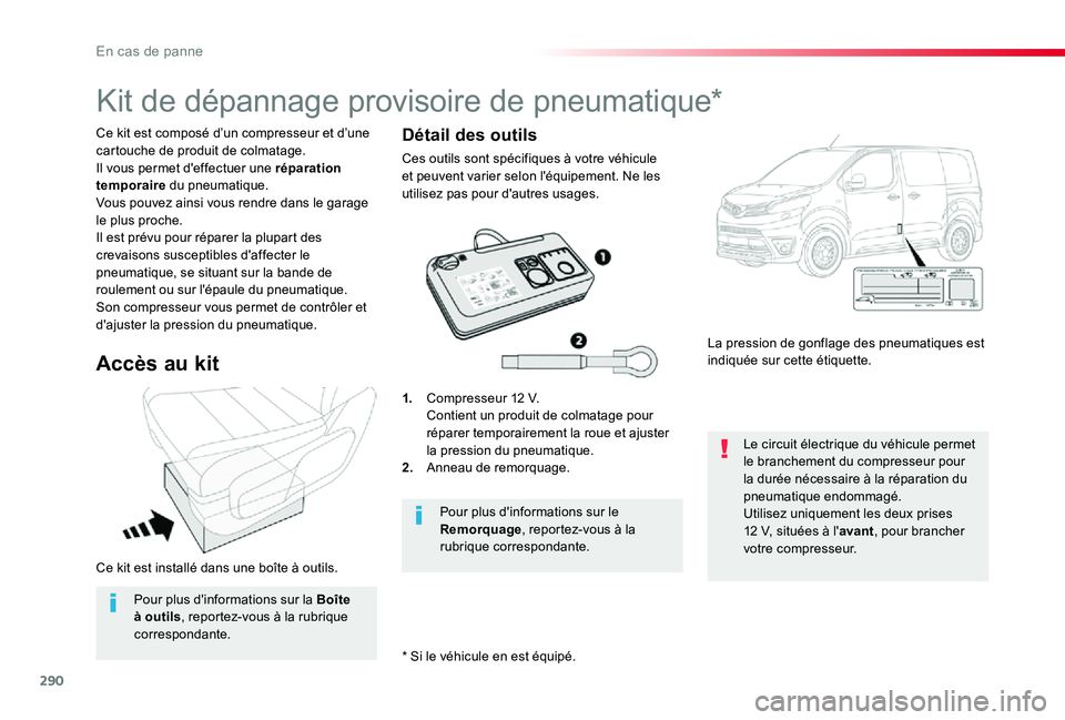 TOYOTA PROACE 2020 Notices Demploi (in French) 290
Ce kit est installé dans une boîte à outils.
Ce kit est composé d’un compresseur et d’une cartouche de produit de colmatage.Il vous permet d'effectuer une réparation temporaire du pne TOYOTA PROACE 2020 Notices Demploi (in French) 290
Ce kit est installé dans une boîte à outils.
Ce kit est composé d’un compresseur et d’une cartouche de produit de colmatage.Il vous permet d'effectuer une réparation temporaire du pne