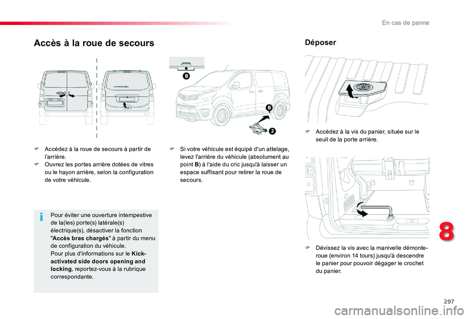 TOYOTA PROACE 2020 Notices Demploi (in French) 297
F Accédez à la roue de secours à partir de l ’ar r i ère.F Ouvrez les portes arrière dotées de vitres ou le hayon arrière, selon la configuration de votre véhicule.
F Accédez à la vis TOYOTA PROACE 2020 Notices Demploi (in French) 297
F Accédez à la roue de secours à partir de l ’ar r i ère.F Ouvrez les portes arrière dotées de vitres ou le hayon arrière, selon la configuration de votre véhicule.
F Accédez à la vis