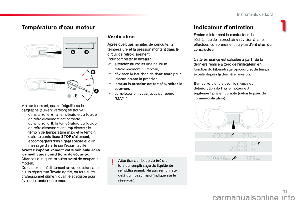TOYOTA PROACE 2020 Notices Demploi (in French) 31
Moteur tournant, quand l’aiguille ou le bargraphe (suivant version) se trouve :- dans la zone A, la température du liquide de refroidissement est correcte,- dans la zone B, la température du li TOYOTA PROACE 2020 Notices Demploi (in French) 31
Moteur tournant, quand l’aiguille ou le bargraphe (suivant version) se trouve :- dans la zone A, la température du liquide de refroidissement est correcte,- dans la zone B, la température du li