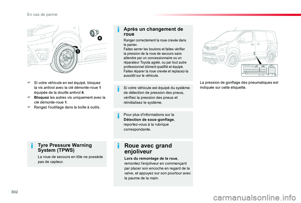 TOYOTA PROACE 2020 Notices Demploi (in French) 302
F Si votre véhicule en est équipé, bloquez la vis antivol avec la clé démonte-roue 1 équipée de la douille antivol 4.F Bloquez les autres vis uniquement avec la clé démonte-roue 1.F Range TOYOTA PROACE 2020 Notices Demploi (in French) 302
F Si votre véhicule en est équipé, bloquez la vis antivol avec la clé démonte-roue 1 équipée de la douille antivol 4.F Bloquez les autres vis uniquement avec la clé démonte-roue 1.F Range