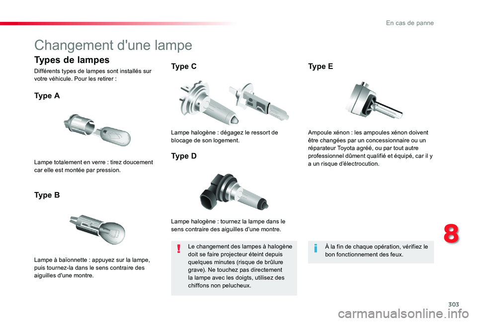 TOYOTA PROACE 2020 Notices Demploi (in French) 303
Changement d'une lampe
Lampe halogène : tournez la lampe dans le sens contraire des aiguilles d’une montre.
Ty p e A
Lampe à baïonnette : appuyez sur la lampe, puis tournez-la dans le se TOYOTA PROACE 2020 Notices Demploi (in French) 303
Changement d'une lampe
Lampe halogène : tournez la lampe dans le sens contraire des aiguilles d’une montre.
Ty p e A
Lampe à baïonnette : appuyez sur la lampe, puis tournez-la dans le se